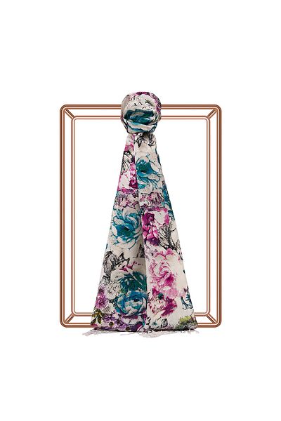 ipekevi White Menthol Rose Silk Shawl with Leather Pattern