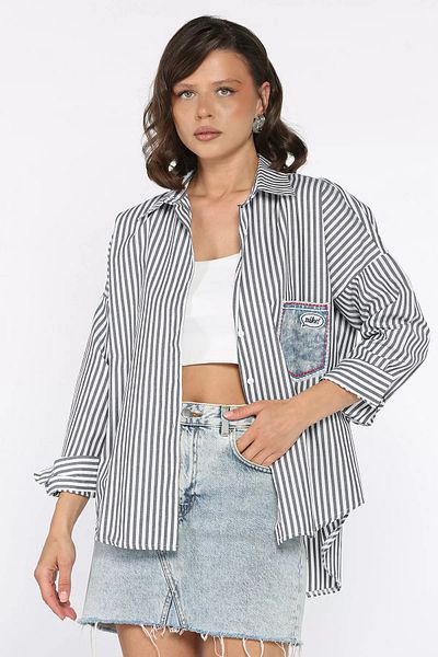 GÜLSELİ Cămașă casual de damă cu buzunare cu dungi negre