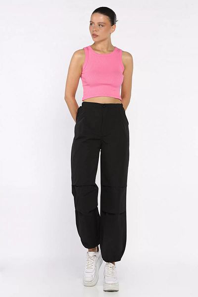 GÜLSELİ Black Women's High Waist Parachute Pants with Elastic Waist and Legs