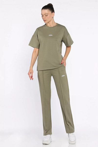 GÜLSELİ Khaki Women's Çima Detailed Embroidered Trousers T-Shirt Double Set