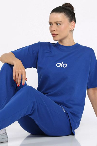 GÜLSELİ Saxblue Crew Neck Embroidered Women's T-Shirt Pants Double Suit