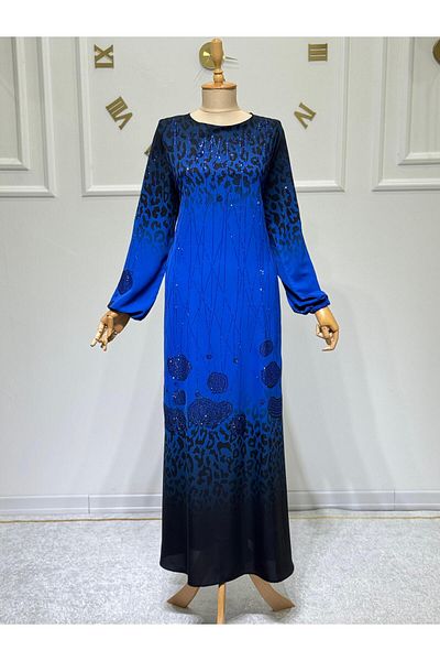 ModaMinar Women's Dubai Chiffon Fabric Dress with Elastic Sleeves Leopard and Stone Detail