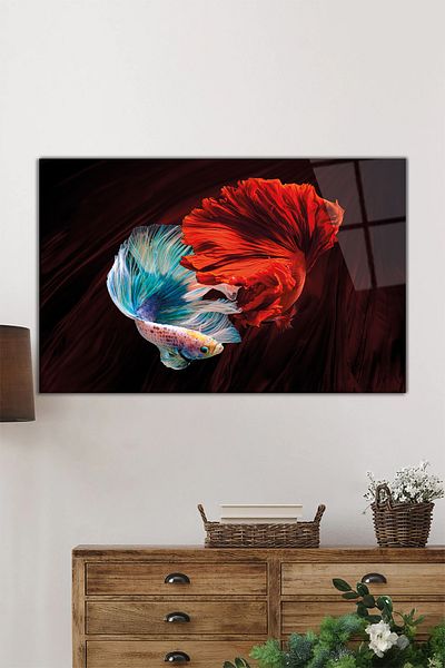 Rosyvien Red Blue Beta Fish Animal Portrait Horizontal Glass Painting, Home and Office Wall Decoration, Luxury Gift
