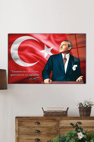 Rosyvien Turkish Flag and Ataturk Horizontal Glass Table, the One Who Loves His Homeland Most Is the Best Duty, Gift