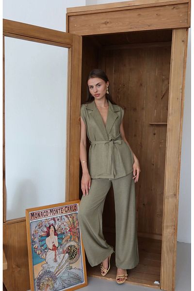 FİOXCO Softy Belted Vest Palazzo Woven Linen Suit