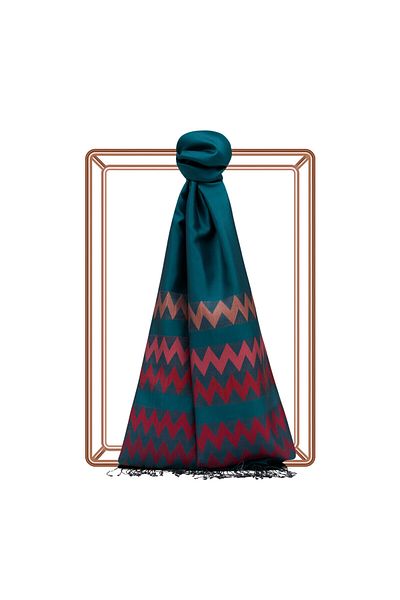ipekevi Petrol Zig Zag Patterned Silk Shawl