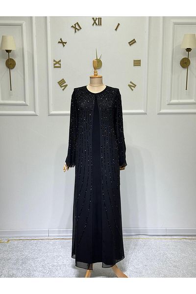 ModaMinar Women's Chiffon Shoulder and Sleeves Stone Embroidery Chiffon Dress