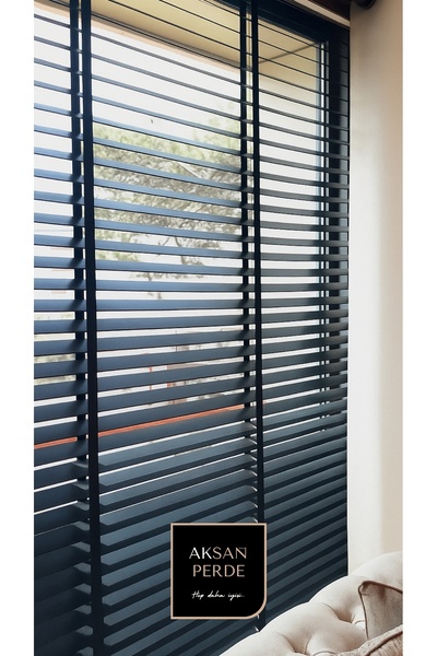 AKSANGRUP %100 Gerçek Ahşap Jaluzi Perde Kurdeleli SİYAH Renk 50 mm
