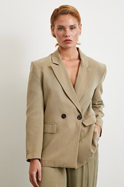 Never more Double Button Linen Blazer Jacket Khaki