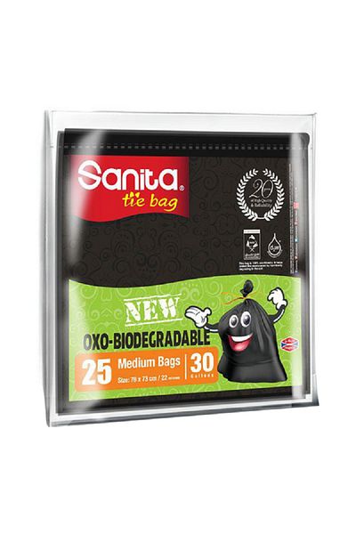 Sanita 25-Piece Biodegradable Recyclable Medium Tie and Roll Bags Black 30 Gal