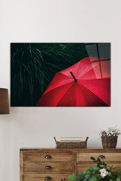 Rosyvien Red Umbrella in the Rain Horizontal Glass Painting, Nature Landscape, Home and Office Wall Decoration, Luxury Gift