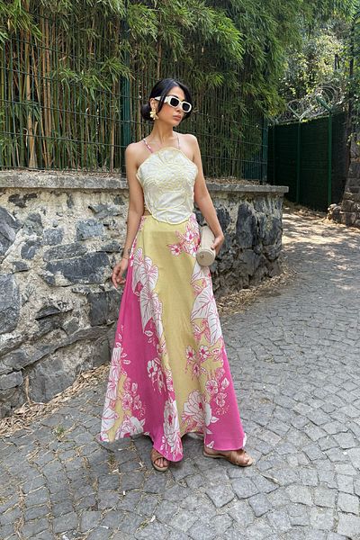 Seda Yalçın Atelier Pink Colored Positano Linen Dress with Back Tie and Floral Pattern