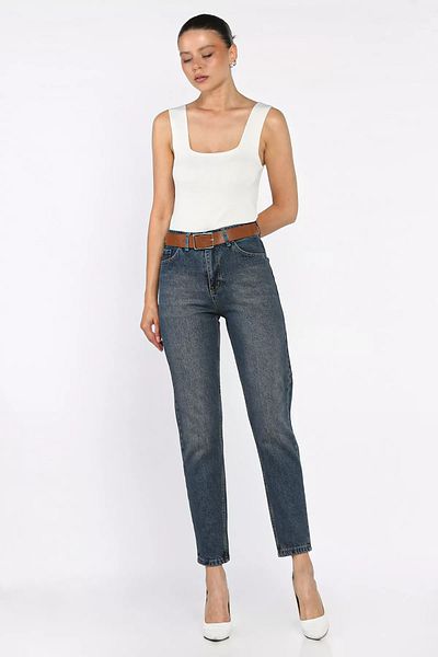 GÜLSELİ Navy Blue Women's Belt Detailed Mom Jean Jeans