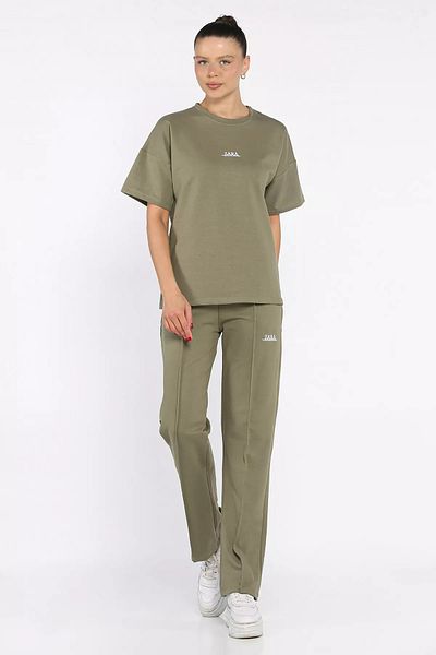 GÜLSELİ Khaki Women's Çima Detailed Embroidered Trousers T-Shirt Double Set