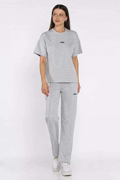 GÜLSELİ Gray Women's Çima Detailed Embroidered Trousers T-Shirt Double Set
