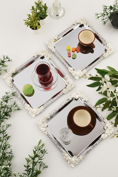 AKSESUAR EVRENİ Alve Silver Flower Patterned Stainless 3-Piece Decorative Square Presentation Tray