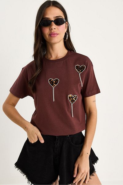 Bianco Lucci Women's Leopard and Stone Detailed Heart Short Sleeve T-Shirt 60602034