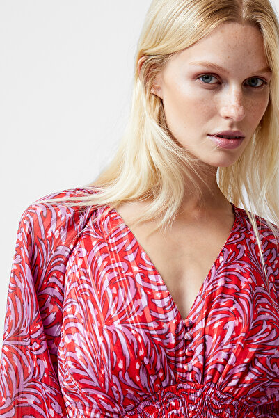 French Connection Puff Sleeve Printed Mid-Calf Dress