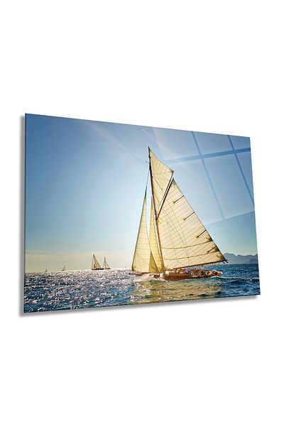 Rosyvien Pictură pe sticlă orizontală cu barca cu vele pe mare, modernă, decor de perete pentru casă și birou, cadou de lux