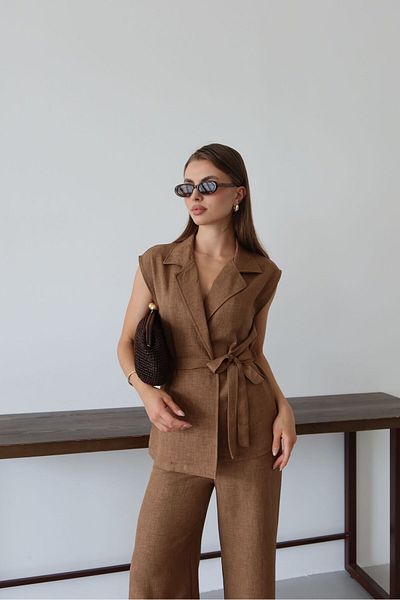 FİOXCO Softy Belted Vest Palazzo Woven Linen Suit