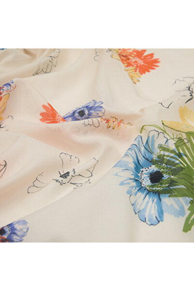 ipekevi Κρεμ Πράσινο Μονό Λουλούδι Βαμβακερό Σάλι