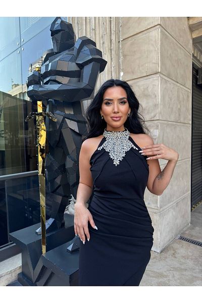 1Moda1Tarz Γυναικείο ειδικό σχέδιο φόρεμα με εισαγόμενο κρεπ ύφασμα με πέτρα κεντημένο στο λαιμό και στο στήθος