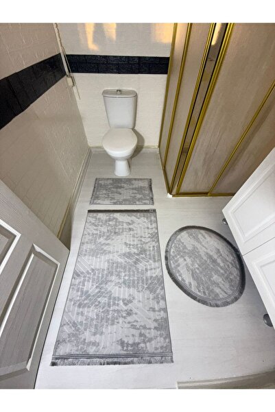 Plato Non-Slip Base 70X100 Toilet Seat Set with Fringe Gray