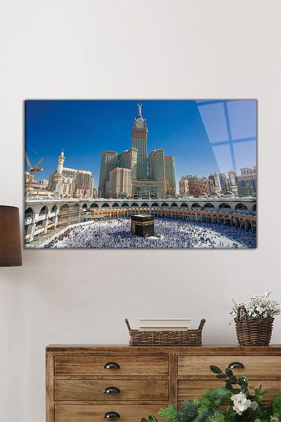 Rosyvien Pictură pe sticlă orizontală Mekka Kaaba, Sfântul islamic, Decor de perete pentru casă și birou, Cadou de lux