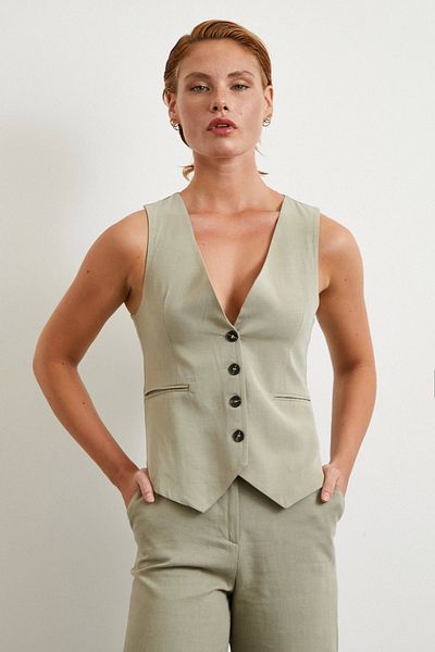 Never more Pocket Covered Linen Vest Gray