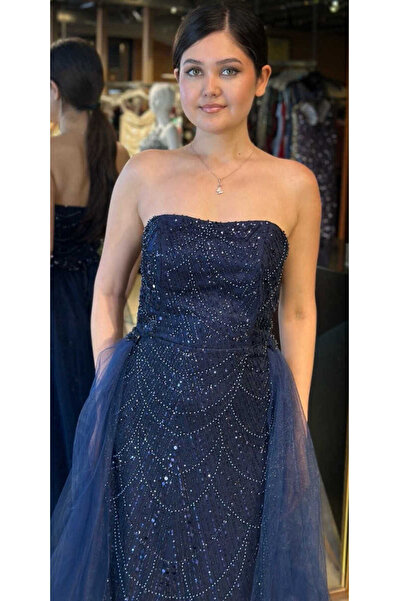 Abiyeniall Lacivert Straplez Yaka Tül Pelerin Etekli Pullu Boncuklu Uzun Abiye Elbise 7705