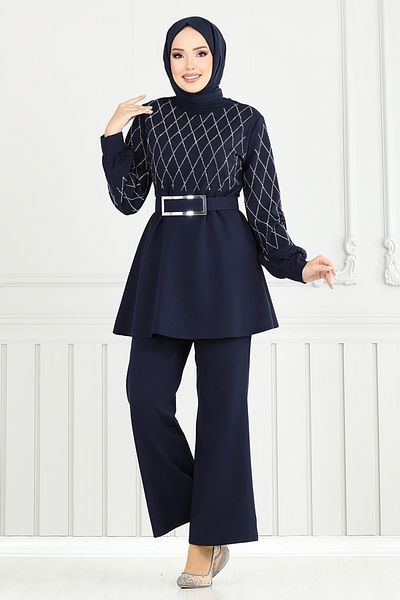 ModaMerve Επιμεταλλωμένο Σετ Χιτζάμπ 2691SL890-M Navy