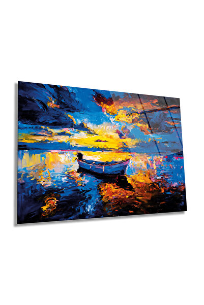 Rosyvien Peisaj de barcă la apus de soare Pictură orizontală pe sticlă, decor...