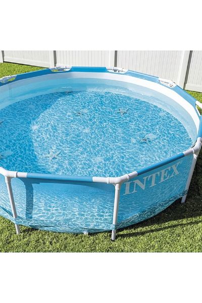 Intex Printed Beachside Metal Frame Durable Round Swimming Pool Blue
