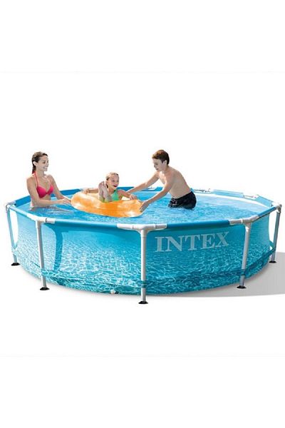 Intex Printed Beachside Metal Frame Durable Round Swimming Pool Blue