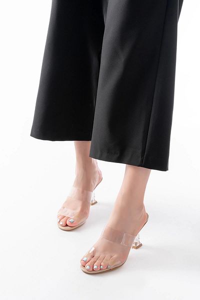 TB Terzi Bey S-618 Beige Patent Leather Single Strap Heeled Women's Slippers