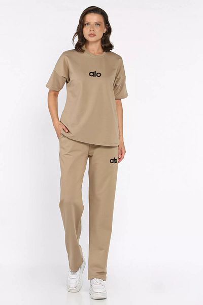 GÜLSELİ Beige Crew Neck Embroidered Women's T-Shirt Pants Double Set