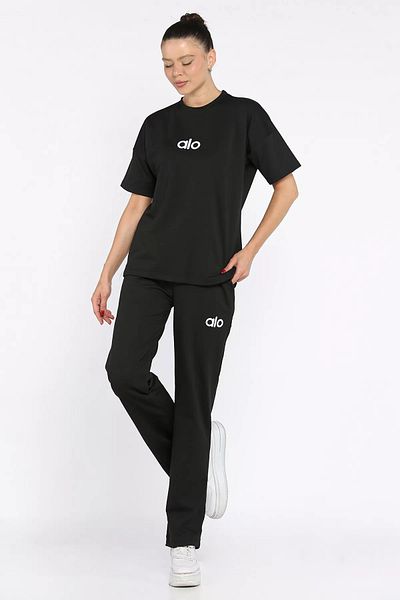 GÜLSELİ Black Crew Neck Embroidered Women's T-Shirt Pants Double Set