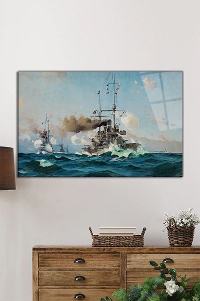Rosyvien Navă de Război în Ocean Tabel Orizontal din Sticlă, Modernă, Decor de Perete pentru Casa și Birou, Cadou de Lux