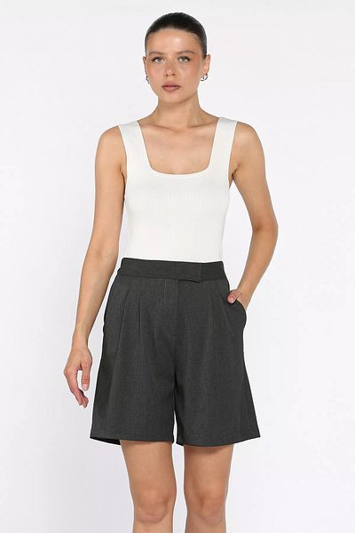 GÜLSELİ Anthracite Women's Elastic Waist Pleated High Waist Velcro Shorts