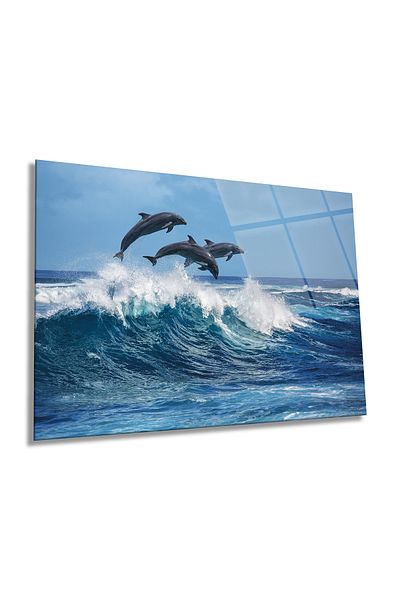 Rosyvien Dolphins Jumping Waves Animal Portrait Horizontal Glass Painting, Home and Office Wall Decoration, Luxury Gift