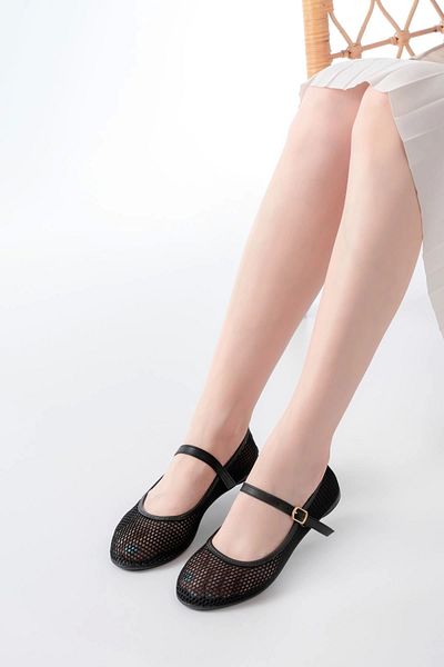 zenalook 6325 Black Mesh Helmet Buckle Detailed Daily Women's Ballerinas