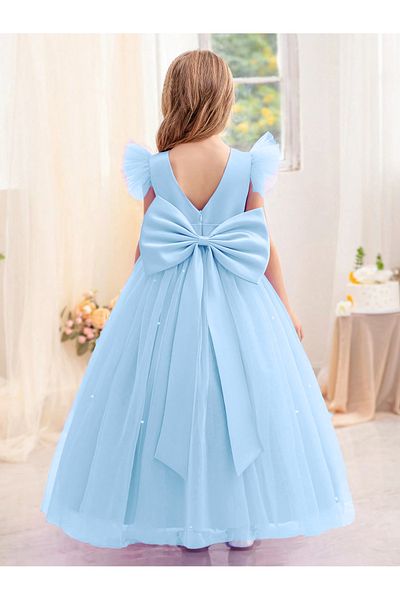 MadyaButik Κοριτσίστικο Baby Blue Gathered/Βολάν μανίκι μακρύ μαργαριτάρι φόρεμα επιστροφής στο σπίτι