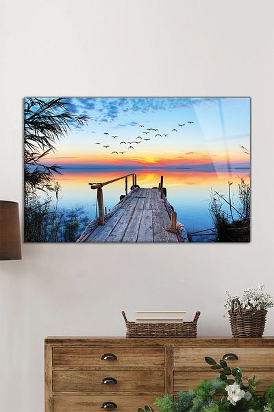 Rosyvien Pictură pe sticlă orizontală cu schelă și peisaj de apus, decor de perete pentru casă și birou, cadou de lux