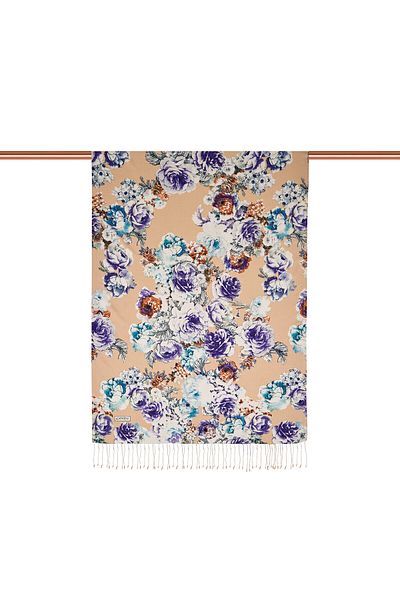 ipekevi Cream Violet Rose Leather Patterned Silk Shawl