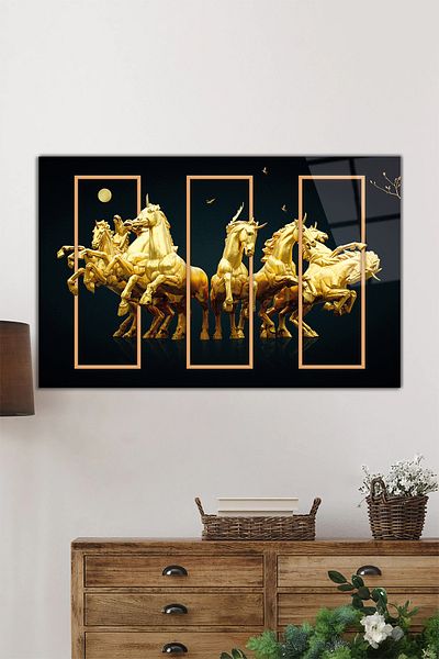 Rosyvien Golden Galloping Horses Οριζόντια Γυάλινη Πίνακας, Πολυτέλεια με Χρυσή Λεπτομέρεια, Διακόσμηση Τοίχων Σπιτιού και Γραφείου, Δώρο πολυτελείας