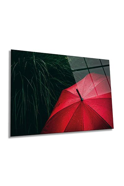 Rosyvien Red Umbrella in the Rain Horizontal Glass Painting, Nature Landscape, Home and Office Wall Decoration, Luxury Gift