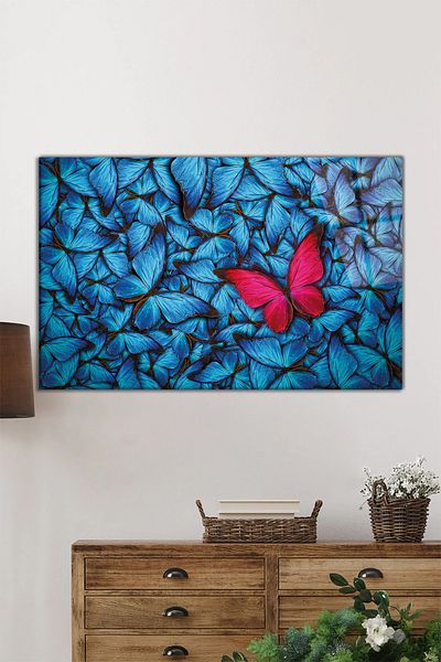 Rosyvien Pictură pe sticlă orizontală cu fluturi albaștri și roșii, decor de perete pentru casă și birou, cadou de lux
