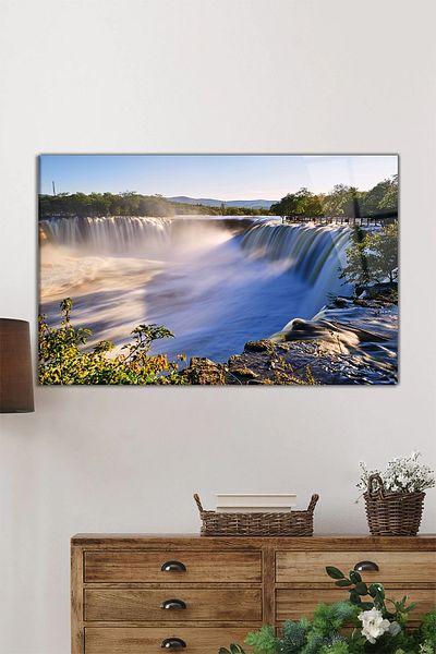 Rosyvien Pictură pe sticlă orizontală cu peisaj de cascadă superbă, decor de perete pentru casă și birou, cadou de lux