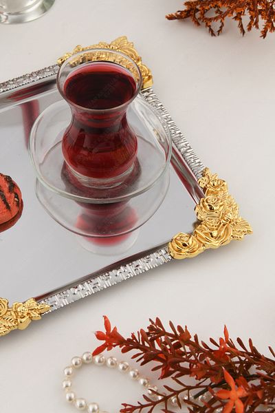 AKSESUAR EVRENİ Alve Silver Gold Flower Patterned Stainless Decorative Square Presentation Tray