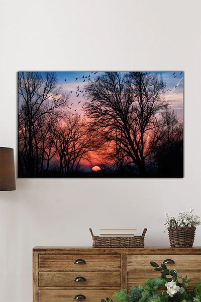 Rosyvien Tree Branches Landscape on Red Sunset Horizontal Glass Painting, Home and Office Wall Decor, Luxury Gift